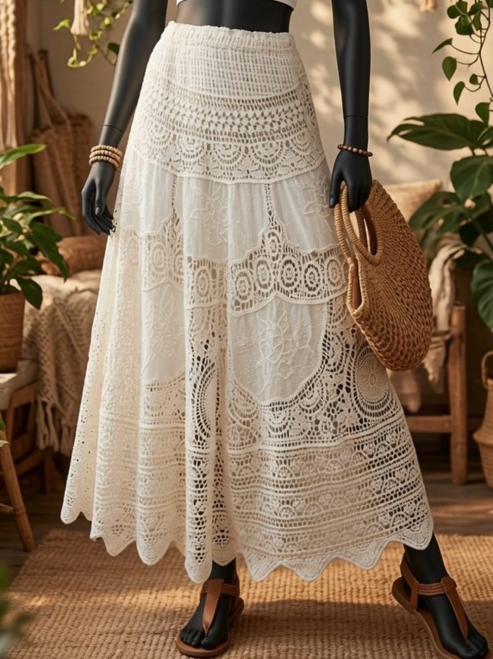 NEW Boho Maxi Skirt a Line Elastic Waist Long Flowy Lace Western Hippie Skirts